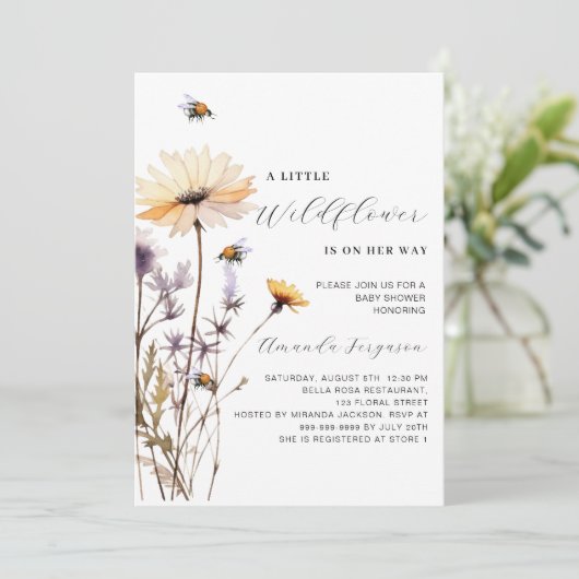 小さな山花黄色い紫の赤ちゃんシャワー 招待状 (スタンド正面)