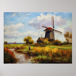 小さな川のそばの風車の魅力 ポスター