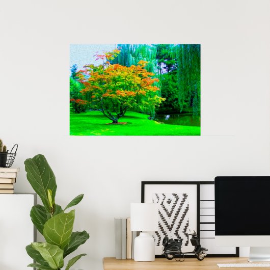 小さな川オレンジ色の花の木と緑の草 ポスター (ホームオフィス)