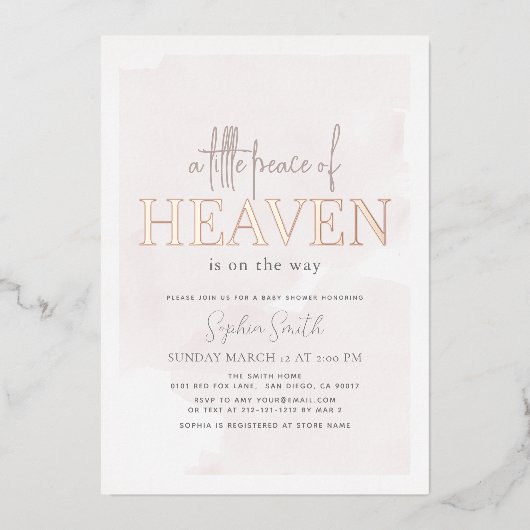 小さな平和の天国ピンクスカイガールベビーシャワー 箔招待状 (正面)