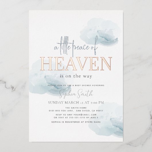 小さな平和の天国ブルークラウドボーイベビーシャワー 箔招待状 (正面)