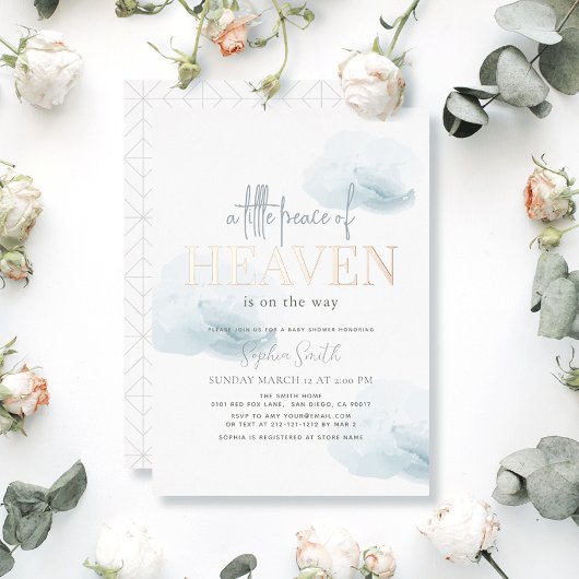 小さな平和の天国ブルークラウドボーイベビーシャワー 箔招待状