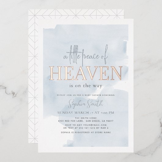 小さな平和の天国ブルースカイボーイベビーシャワー 箔招待状 (正面/裏面)
