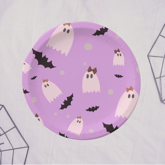 小さな幽霊と弓パープルハロウィーン ペーパープレート