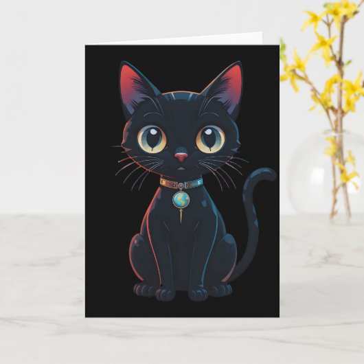 小さな怖い黒猫 カード (黄色い花)