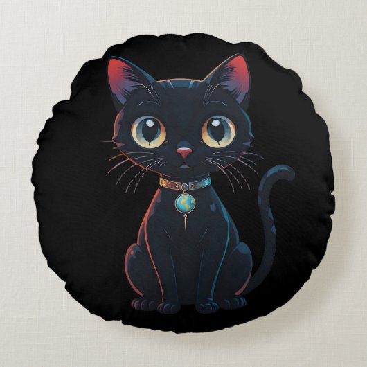 小さな怖い黒猫 ラウンドクッション (正面)