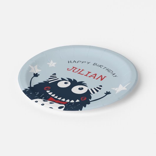 小さな怪物 |パーソナライズされた子供の誕生日パーティー ペーパープレート (アングル)