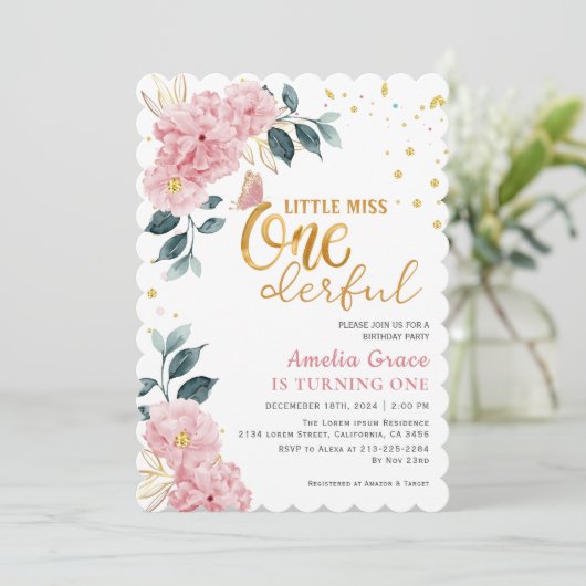 小さな恋しく思オネダーフルなピンクの女の子1歳の誕生日 招待状 (スタンド正面)