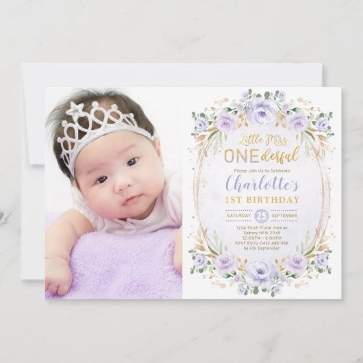 小さな恋しく思1ダーフル紫の金ゴールドフローラ誕生日 招待状 (正面)