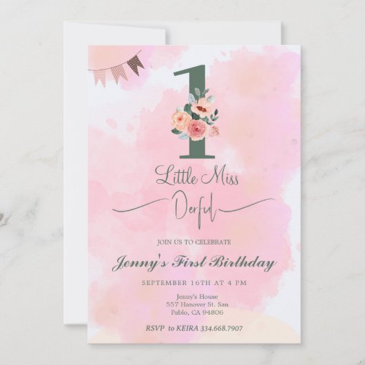 小さな恋しく思1000の水の色ピンクの最初の誕生日 招待状 (正面)