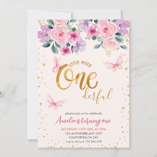 小さな恋しく思onederfulフローラの女の子1st誕生日 招待状 (正面)