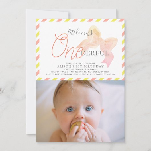 小さな恋しく思ONEderful女の子の写真1st誕生日 招待状 (正面)