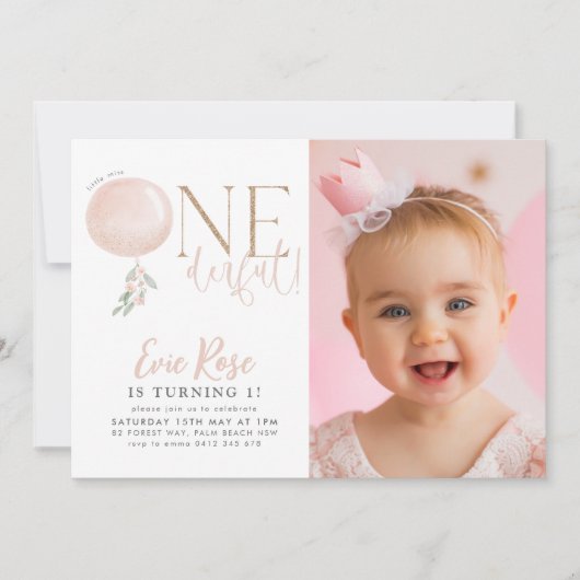 小さな恋しく思ONEderful女の子1stバースデーフォト 招待状 (正面)