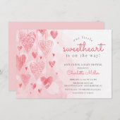 小さな恋人のぶら下がったハートの女の子の赤ちゃんシャワー 招待状 (正面/裏面)