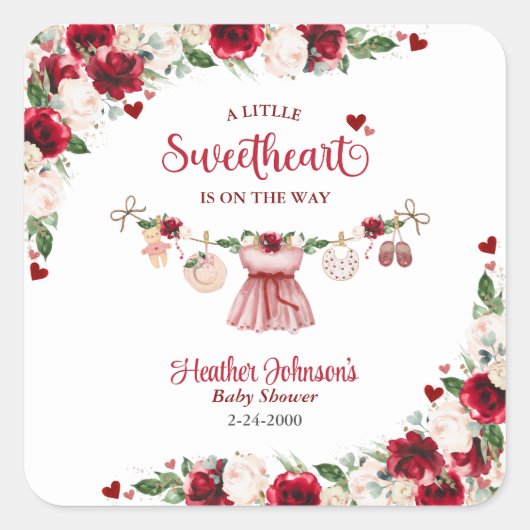 小さな恋人のバレンタインガールの赤ちゃんシャワー スクエアシール (正面)