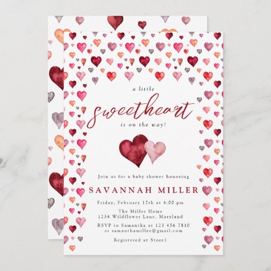 小さな恋人のバレンタインハート赤ちゃんシャワー 招待状 (正面/裏面)