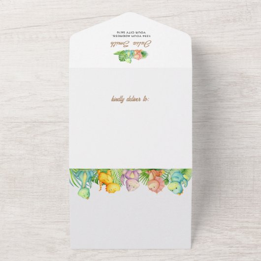 小さな恐竜の赤ちゃんシャワー オールインワン招待状 (外側)