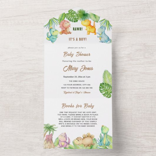 小さな恐竜の赤ちゃんシャワー オールインワン招待状 (内側)