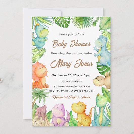 小さな恐竜の赤ちゃんシャワー 招待状 (正面)