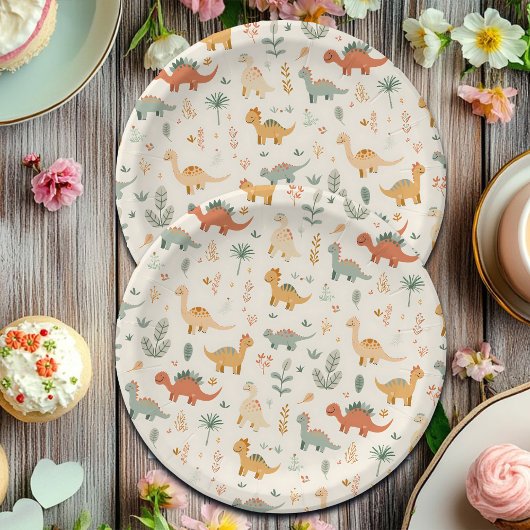 小さな恐竜ベージュのニュートラルトーン ペーパープレート