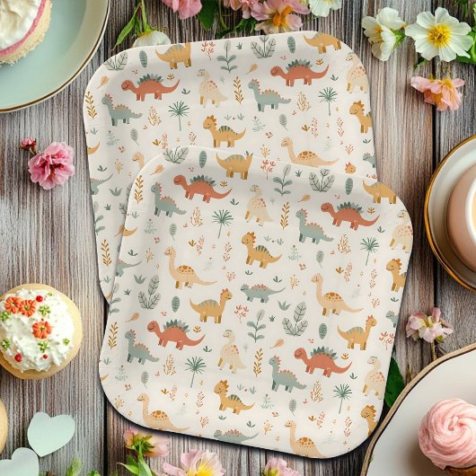 小さな恐竜ベージュのニュートラルトーン ペーパープレート