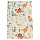 小さな恐竜ベージュのニュートラルトーン ミディアムペーパーバッグ (裏面)