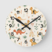 小さな恐竜ベージュのニュートラルトーン ラウンド壁時計 (正面)