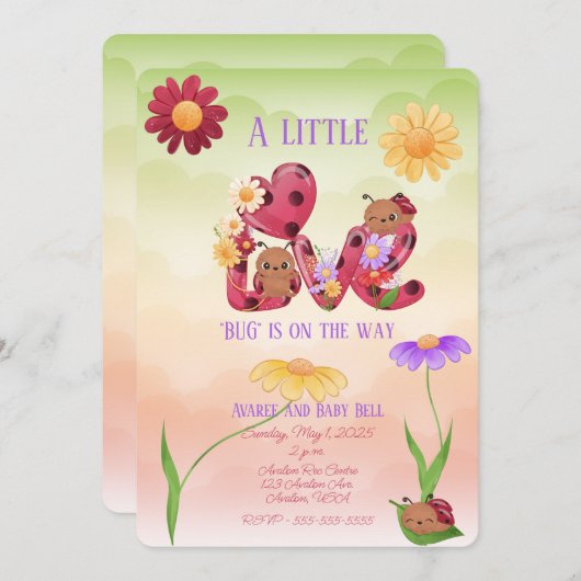 小さな愛のバグが赤ちゃんのシャワーの途中にある 招待状 (正面/裏面)