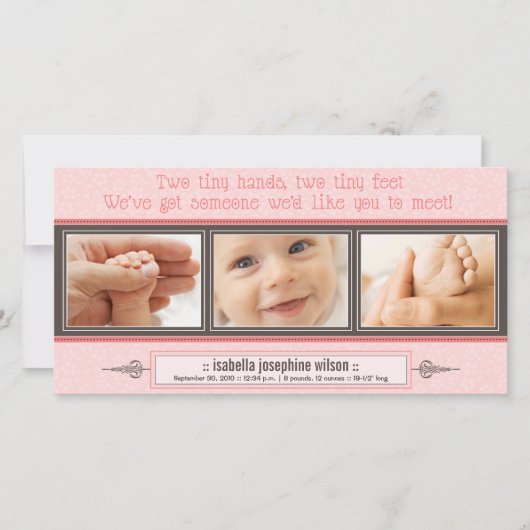 小さな手、小さな足誕生のお知らせ（ピンク） 案内状 (正面)