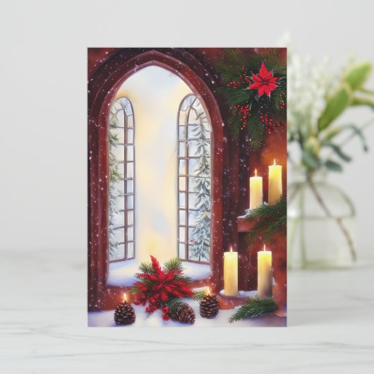 小さな教会の窓 雪 予算ミニクリスマス シーズンカード (スタンド正面)