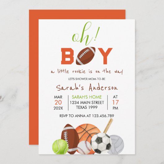 小さな新人それは男の子スポーツ赤ちゃんシャワー 招待状 (正面/裏面)