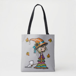 小さな旅の魔女と猫のハロウィンアート トートバッグ