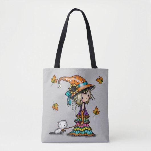 小さな旅の魔女と猫のハロウィンアート トートバッグ (正面)