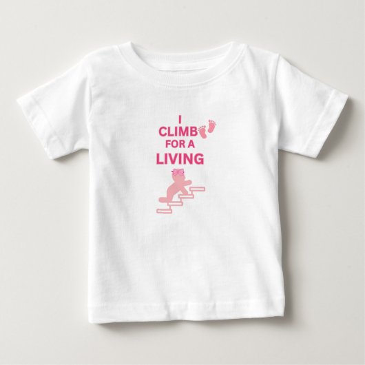 小さな旅人、階段を駆け上がる ピンクのベビーガール ベビーTシャツ (正面)