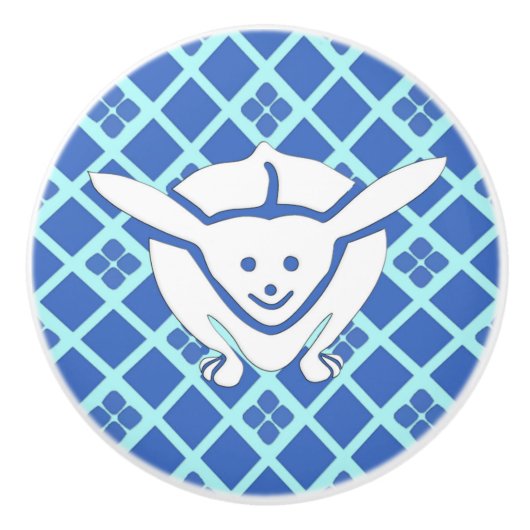 小さな日本のうさぎ、青い背景 セラミックノブ (正面)