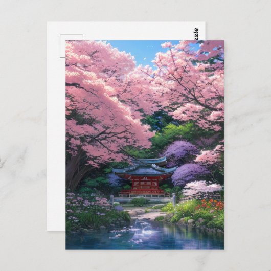 小さな日本の神社の桜シェード ポストカード (正面/裏面)