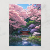 小さな日本の神社の桜シェード ポストカード (正面)