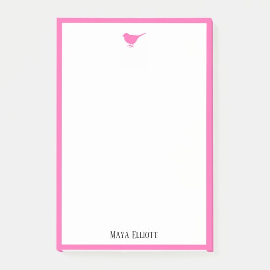 小さな明るいピンクの縁ど鳥と白の上 ポストイット (正面)