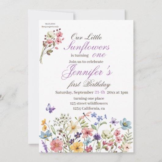 小さな明るいワイルドフラワーウォータカラー誕生日 招待状 (正面)
