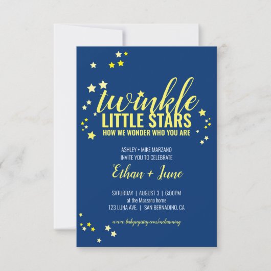 小さな星の双子BABY SHOWERまたはSIP & SEE 招待状 (正面)