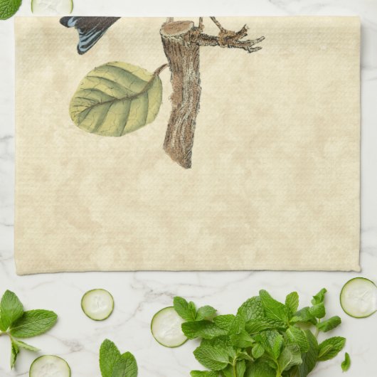 小さな枝に止まった黄色と緑の鳥 キッチンタオル (折り畳み)