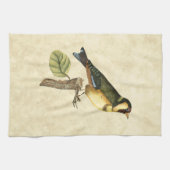 小さな枝に止まった黄色と緑の鳥 キッチンタオル (横)