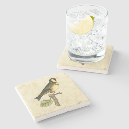 小さな枝に止まった黄色と緑の鳥 ストーンコースター (横)