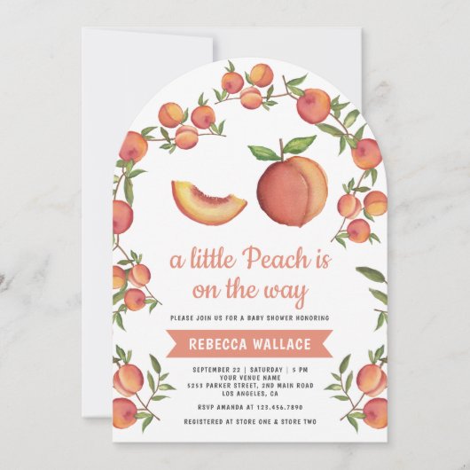小さな桃がアーチ赤ちゃんシャワーの途中にある 招待状 (正面)