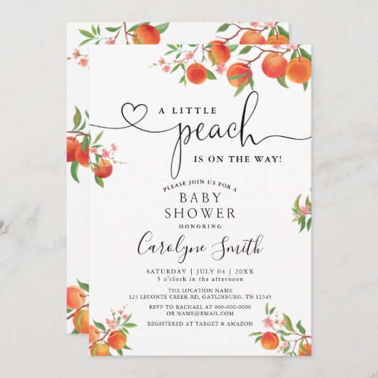 小さな桃が赤ちゃんシャワーの途中にある 招待状 (正面/裏面)