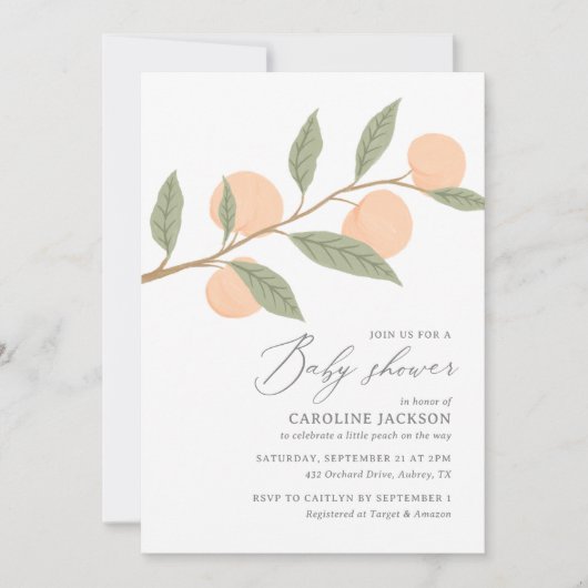 小さな桃が赤ちゃんシャワーを浴びる途中 招待状 (正面)