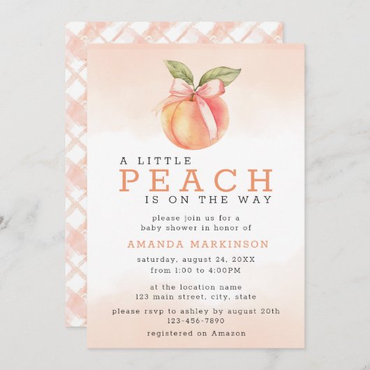 小さな桃の水色の赤ちゃんシャワー 招待状 (正面/裏面)