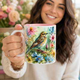 小さな歌う鳥の水彩画 鳥と花 ツートーンマグカップ