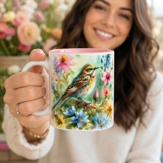 小さな歌う鳥の水彩画 鳥と花 ツートーンマグカップ
