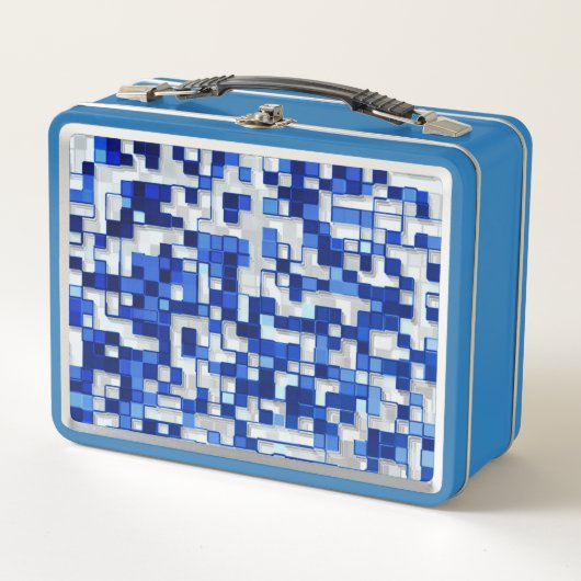 小さな正方形が散乱し、青と白のトーン メタルランチボックス (正面)